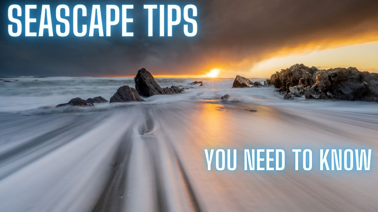 Acseascape photograph at sunset with text saying Seascape Tips you need to know.