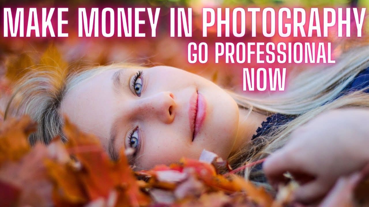 A woman laying on leaves with text saying make money in photography today.