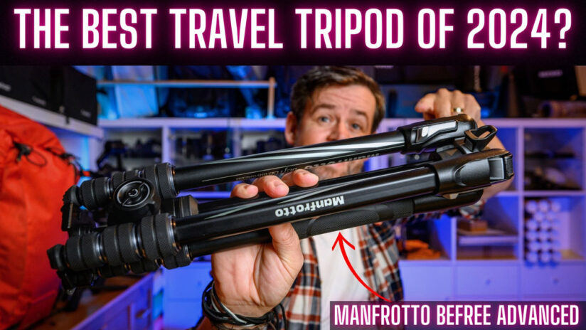 A man holding the Manfrotto Befree Advanced tripod with text saying the best travel tripod of 2024?