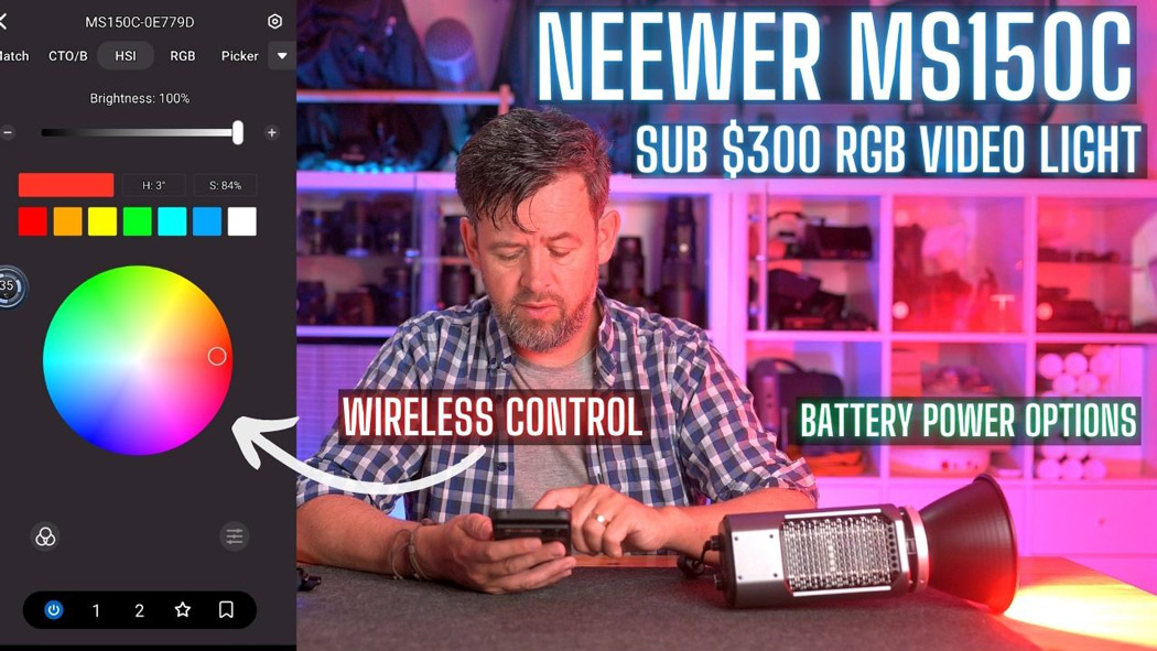 A man showing how to use the Neewer MS150C video light with the app controls on the left side of the screen.