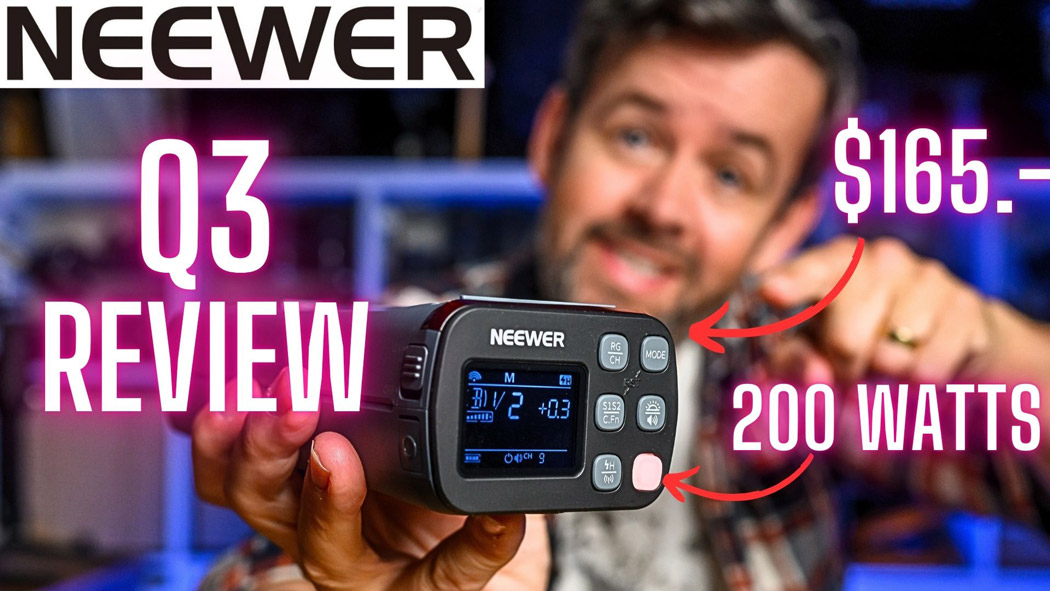 A man holding the Neewer q3 strobe and pointing to it. With text saying Neewer Q3 Review