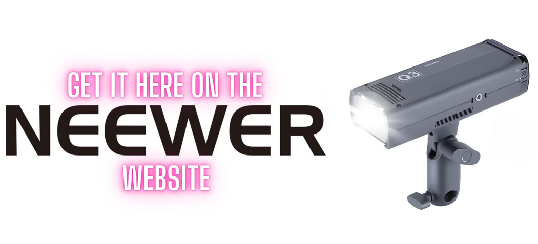 The Neewer Q3 strobe light with text to the left saying get it here on the Neewer website