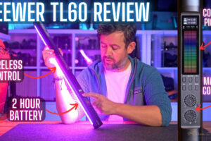 A man holding the Neewer TL60 tube light with text overhead reading Neewer TL60 Review