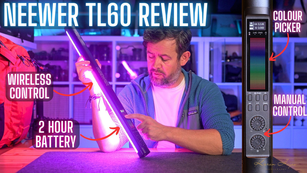 A man holding the Neewer TL60 tube light with text overhead reading Neewer TL60 Review