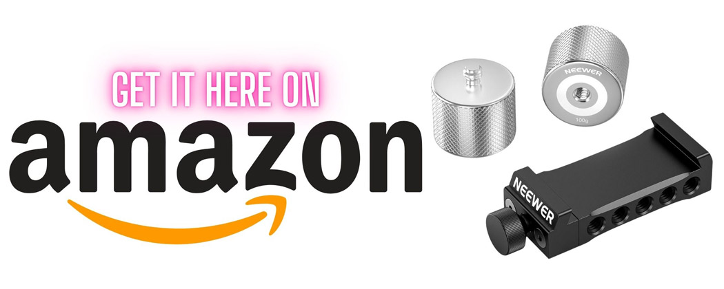 Neewer Gimbal weight kit on a white background with text saying get it here on Amazon.