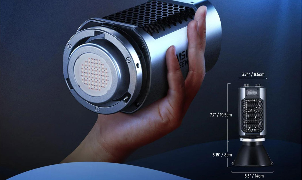 A hand holding the Neewer MS150C video RGB light and measurements alongside the MS150C also