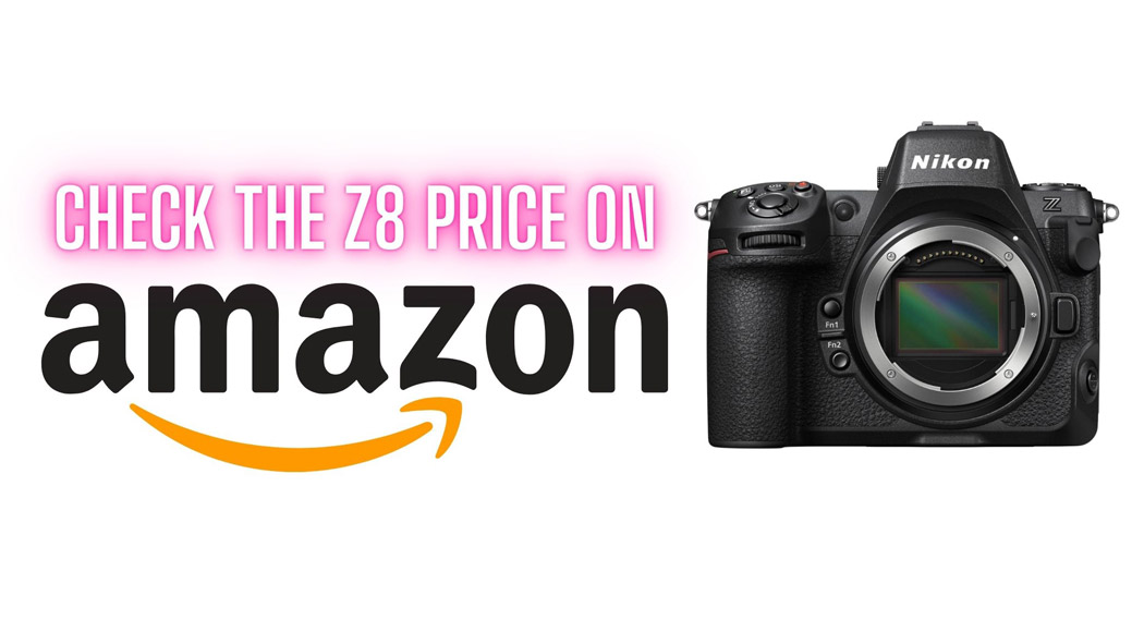 Nikon Z8 on a white background with text saying check the price on Amazon