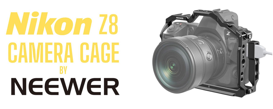 Nikon Z8 camera cage by Neewer on a white background with text describing it.