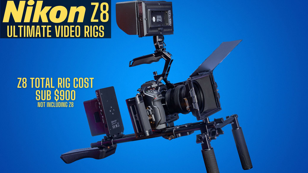 My Nikon Z8 video rig on a blue background with text describing the rig.