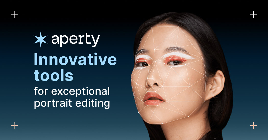 An Aperty review image with a woman in the centre of the image with lines highlighting her face and text saying Aperty Innovative tools for exceptional portrait editing