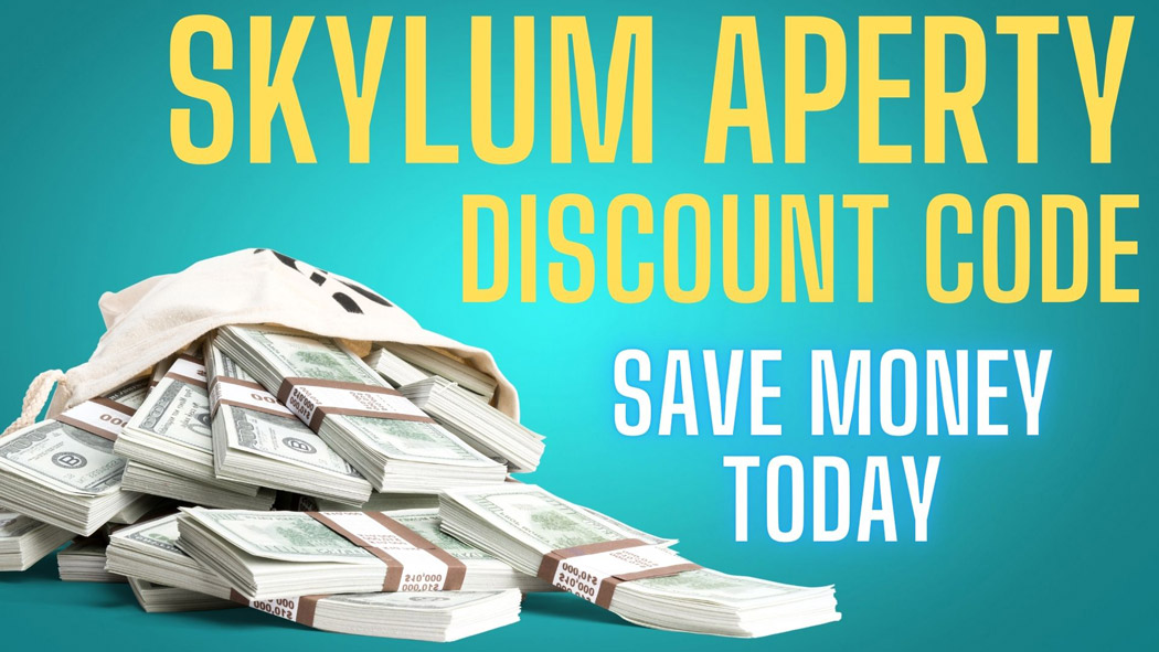 Text saying Skylum Aperty Discount code save money today written on a green background with a bag of money under the text